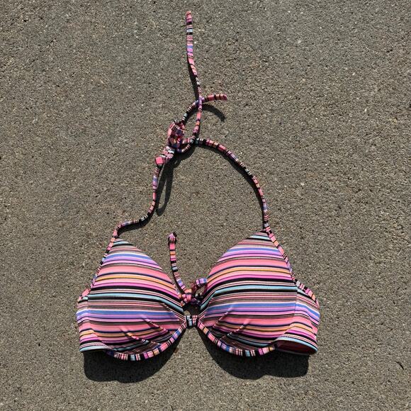 Victoria’s Secret 32C The Fabulous pink striped bikini top halter tie back tie - Picture 1 of 5